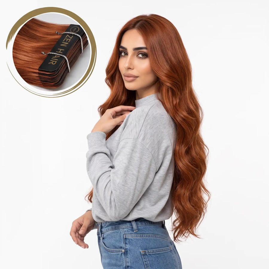 اكستنشن تيب شعر طبيعي ١٠٠٪ لون نحاسي فاتح، طول ٢٢ إنش (٥٥ سم)، من زن هير في الإمارات