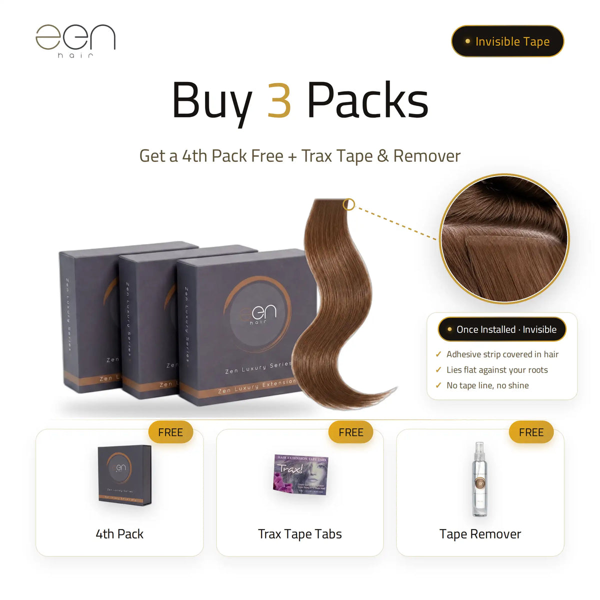 Invisible Tape-In Extensions | Buy 3 Packs, Get the 4th + Trax Tape + Remover Free